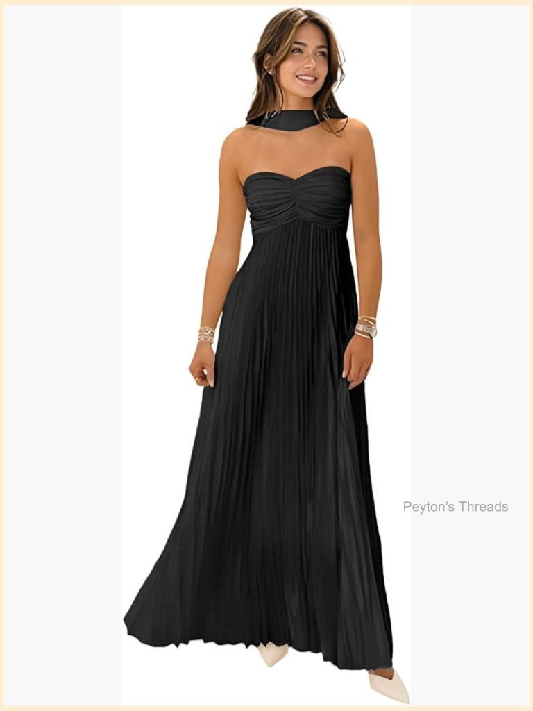 Strapless Pleated Flowy Maxi Dress With Scarf Formal Evening Gown